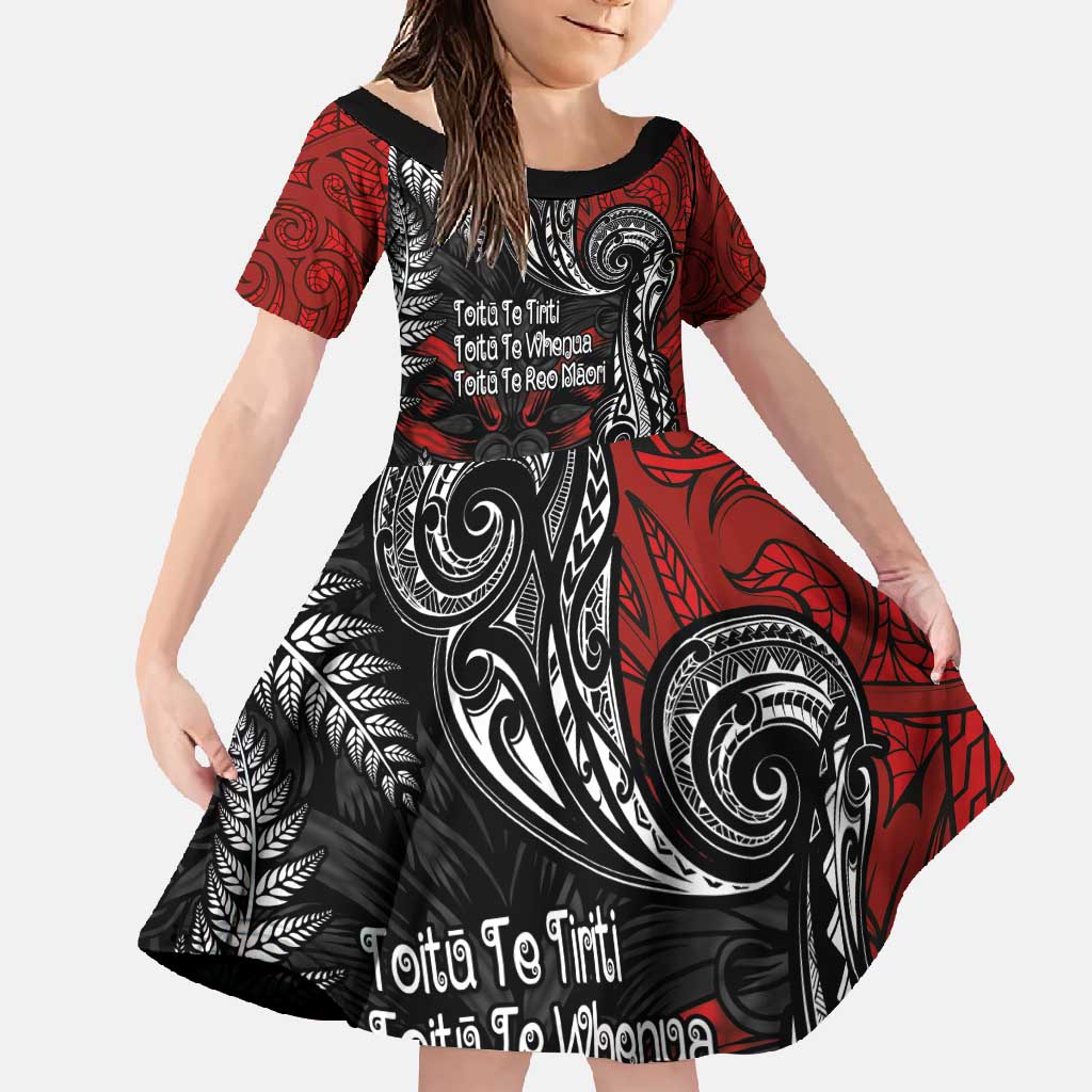 Aotearoa Toitu Te Tiriti Family Matching Off Shoulder Maxi Dress and Hawaiian Shirt New Zealand Honour the Treaty - Te Tiriti Is Us LT03 Daughter's Dress Red - Polynesian Pride