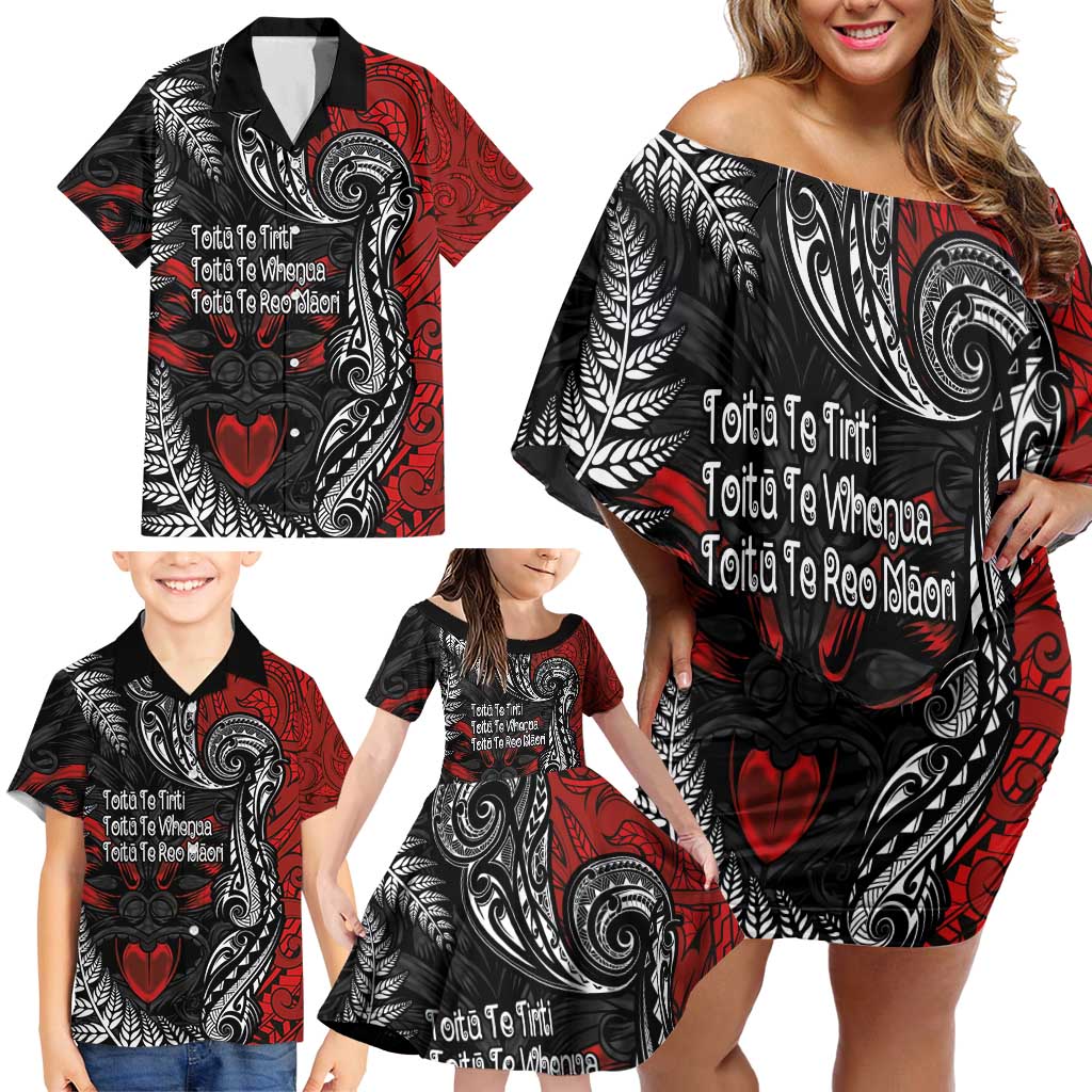 Aotearoa Toitu Te Tiriti Family Matching Off Shoulder Short Dress and Hawaiian Shirt New Zealand Honour the Treaty - Te Tiriti Is Us LT03 - Polynesian Pride