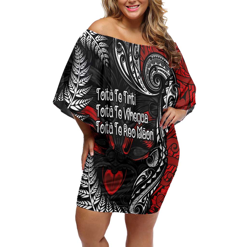 Aotearoa Toitu Te Tiriti Family Matching Off Shoulder Short Dress and Hawaiian Shirt New Zealand Honour the Treaty - Te Tiriti Is Us LT03 Mom's Dress Red - Polynesian Pride