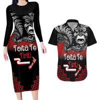 Aotearoa Toitu Te Tiriti Couples Matching Long Sleeve Bodycon Dress and Hawaiian Shirt New Zealand Honour the Treaty - Fight Together LT03 Red - Polynesian Pride