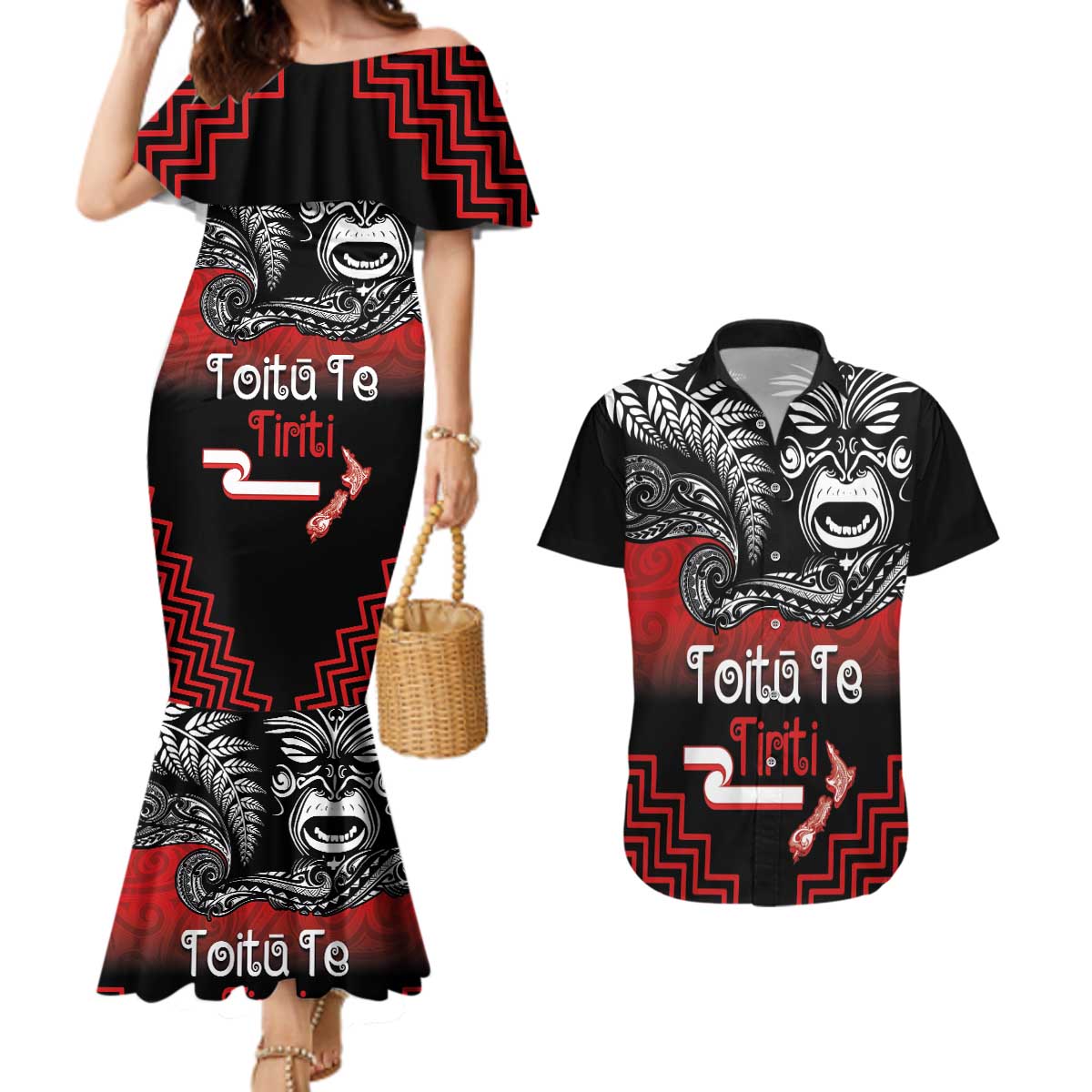 Aotearoa Toitu Te Tiriti Couples Matching Mermaid Dress and Hawaiian Shirt New Zealand Honour the Treaty - Fight Together LT03 Red - Polynesian Pride