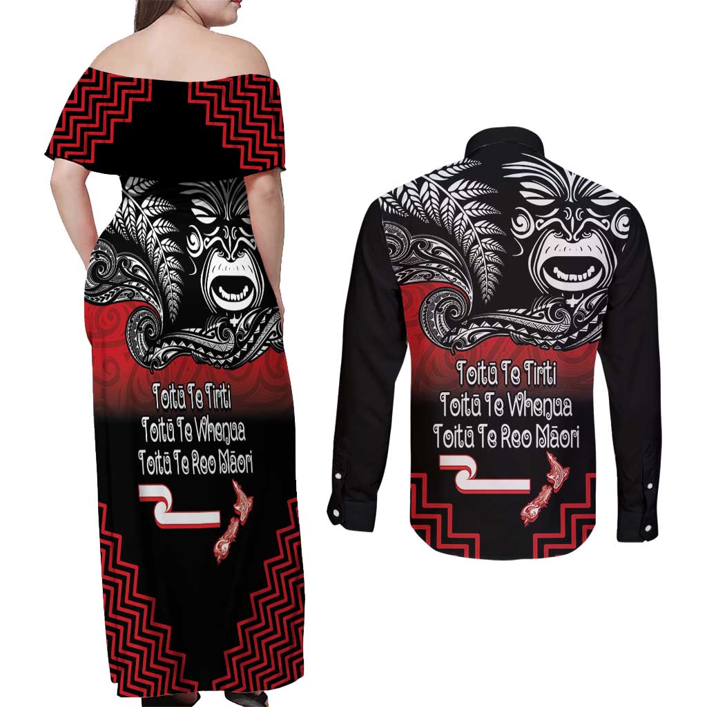 Aotearoa Toitu Te Tiriti Couples Matching Off Shoulder Maxi Dress and Long Sleeve Button Shirt New Zealand Honour the Treaty - Fight Together LT03 - Polynesian Pride