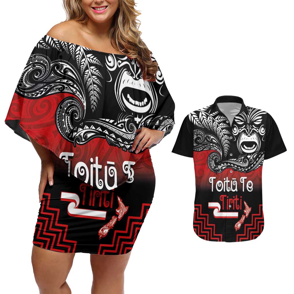 Aotearoa Toitu Te Tiriti Couples Matching Off Shoulder Short Dress and Hawaiian Shirt New Zealand Honour the Treaty - Fight Together LT03 Red - Polynesian Pride