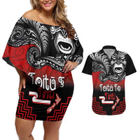 Aotearoa Toitu Te Tiriti Couples Matching Off Shoulder Short Dress and Hawaiian Shirt New Zealand Honour the Treaty - Fight Together LT03 Red - Polynesian Pride