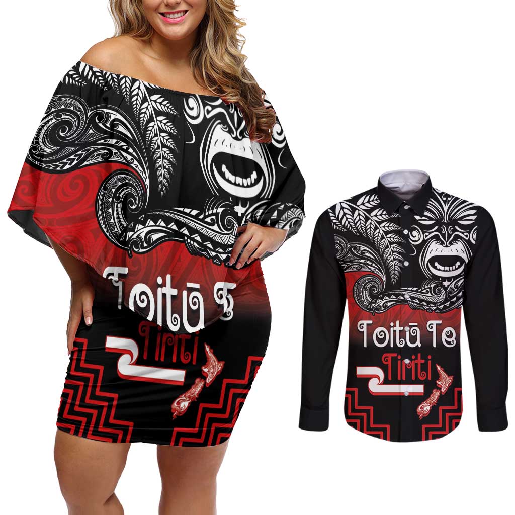 Aotearoa Toitu Te Tiriti Couples Matching Off Shoulder Short Dress and Long Sleeve Button Shirt New Zealand Honour the Treaty - Fight Together LT03 Red - Polynesian Pride