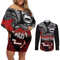 Aotearoa Toitu Te Tiriti Couples Matching Off Shoulder Short Dress and Long Sleeve Button Shirt New Zealand Honour the Treaty - Fight Together LT03 Red - Polynesian Pride