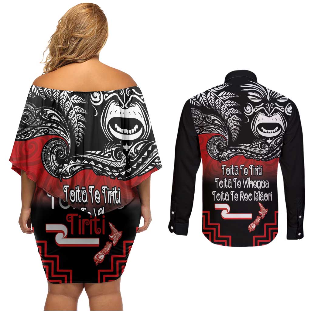 Aotearoa Toitu Te Tiriti Couples Matching Off Shoulder Short Dress and Long Sleeve Button Shirt New Zealand Honour the Treaty - Fight Together LT03 - Polynesian Pride