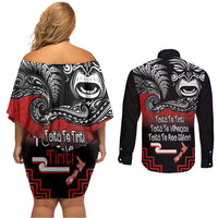 Aotearoa Toitu Te Tiriti Couples Matching Off Shoulder Short Dress and Long Sleeve Button Shirt New Zealand Honour the Treaty - Fight Together LT03 - Polynesian Pride