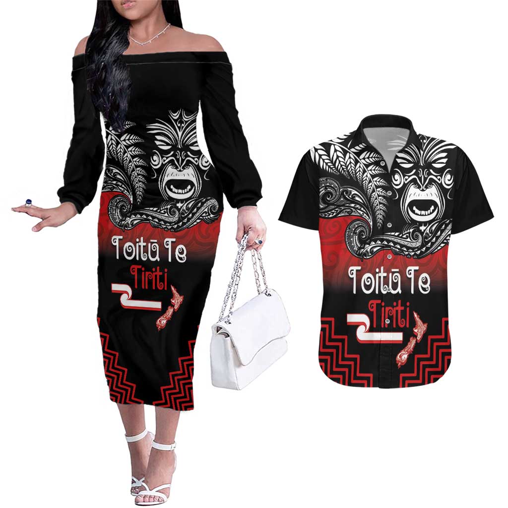 Aotearoa Toitu Te Tiriti Couples Matching Off The Shoulder Long Sleeve Dress and Hawaiian Shirt New Zealand Honour the Treaty - Fight Together LT03 Red - Polynesian Pride