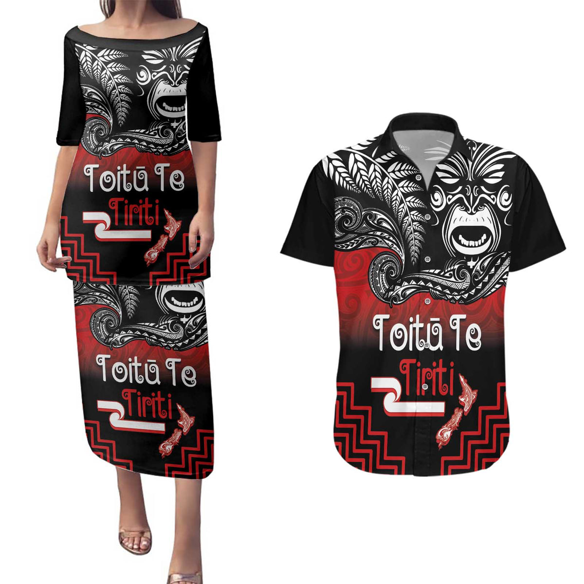 Aotearoa Toitu Te Tiriti Couples Matching Puletasi and Hawaiian Shirt New Zealand Honour the Treaty - Fight Together LT03 Red - Polynesian Pride