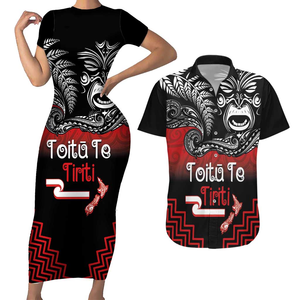 Aotearoa Toitu Te Tiriti Couples Matching Short Sleeve Bodycon Dress and Hawaiian Shirt New Zealand Honour the Treaty - Fight Together LT03 Red - Polynesian Pride