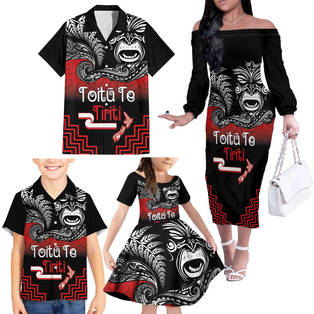 Aotearoa Toitu Te Tiriti Family Matching Off The Shoulder Long Sleeve Dress and Hawaiian Shirt New Zealand Honour the Treaty - Fight Together LT03 - Polynesian Pride