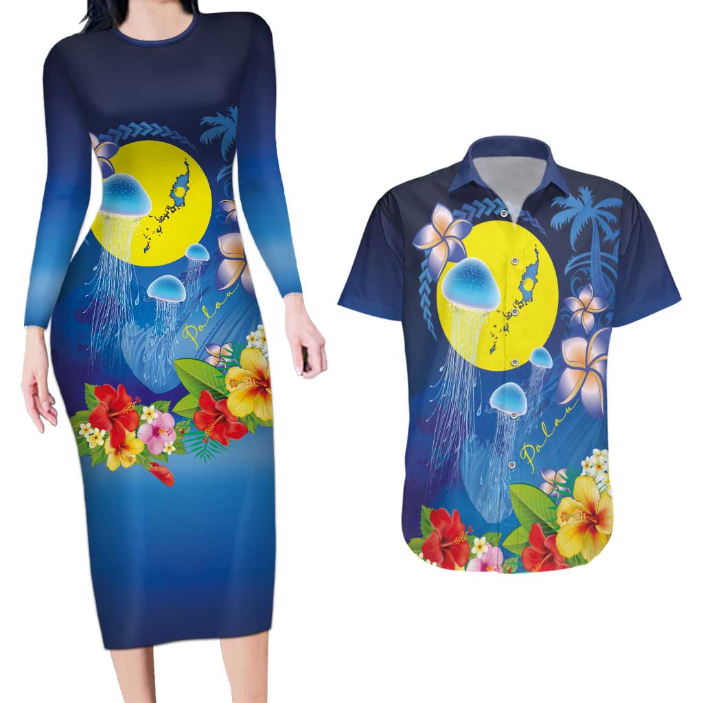 Palau Jellyfish Couples Matching Long Sleeve Bodycon Dress and Hawaiian Shirt Ocean Heritage Tropical Plants LT03 Blue - Polynesian Pride