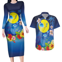 Palau Jellyfish Couples Matching Long Sleeve Bodycon Dress and Hawaiian Shirt Ocean Heritage Tropical Plants LT03 Blue - Polynesian Pride