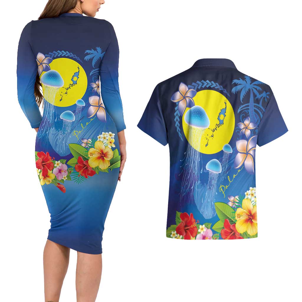 Palau Jellyfish Couples Matching Long Sleeve Bodycon Dress and Hawaiian Shirt Ocean Heritage Tropical Plants LT03 - Polynesian Pride