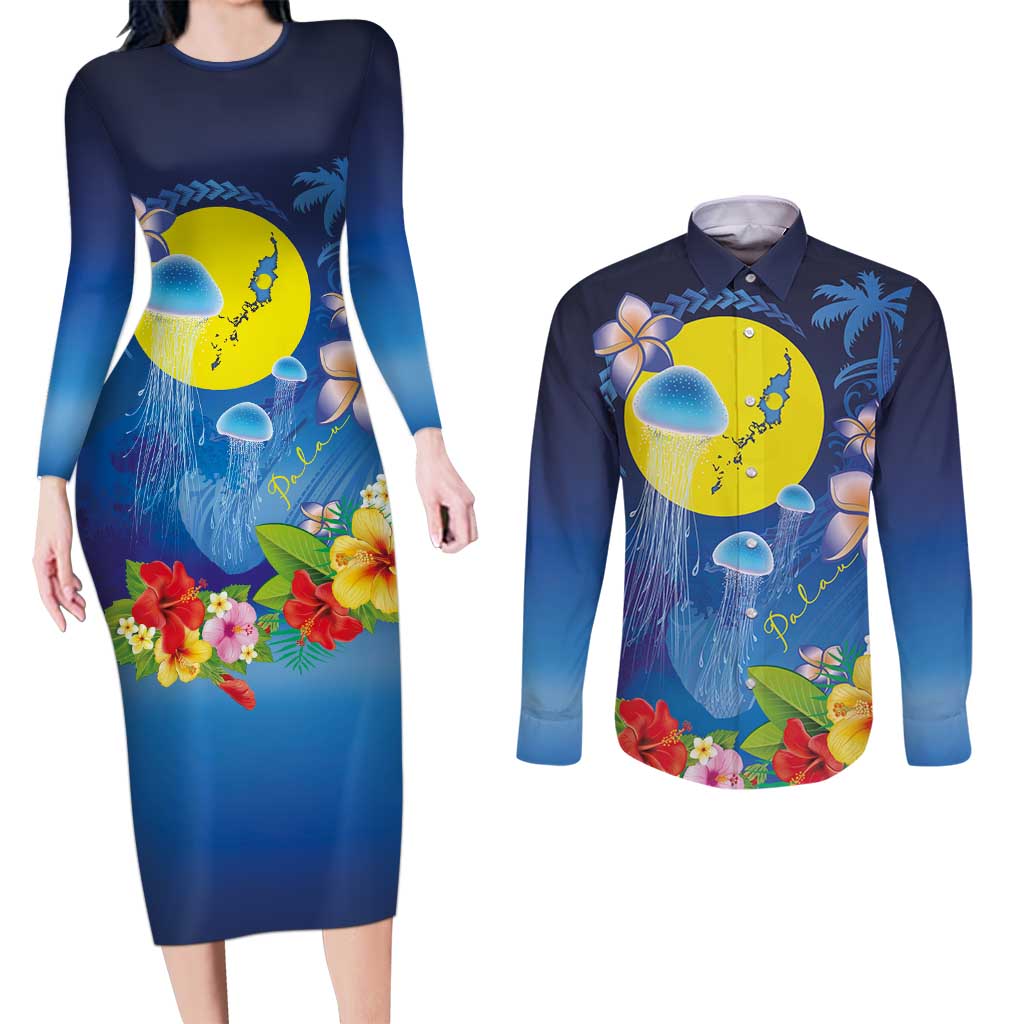 Palau Jellyfish Couples Matching Long Sleeve Bodycon Dress and Long Sleeve Button Shirt Ocean Heritage Tropical Plants - Polynesian Pride