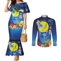 Palau Jellyfish Couples Matching Mermaid Dress and Long Sleeve Button Shirt Ocean Heritage Tropical Plants LT03 Blue - Polynesian Pride