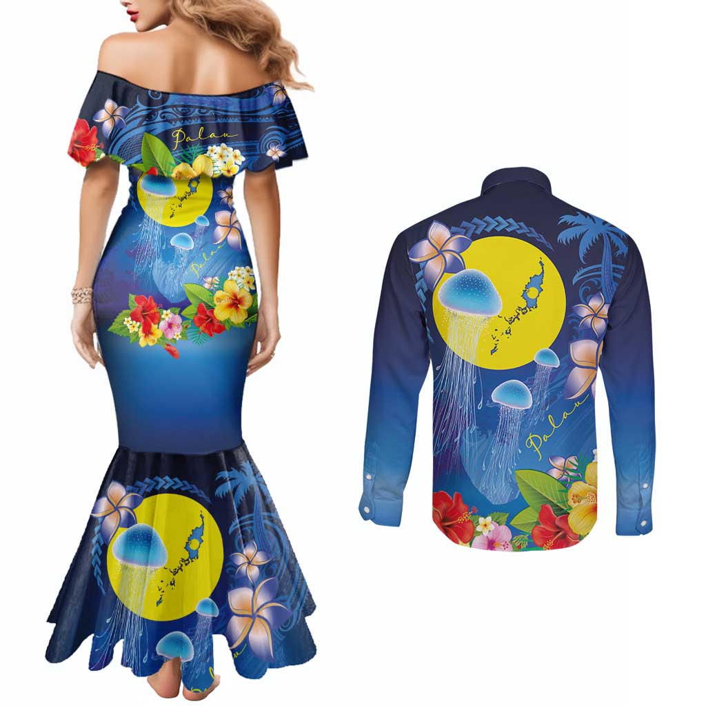 Palau Jellyfish Couples Matching Mermaid Dress and Long Sleeve Button Shirt Ocean Heritage Tropical Plants LT03 - Polynesian Pride