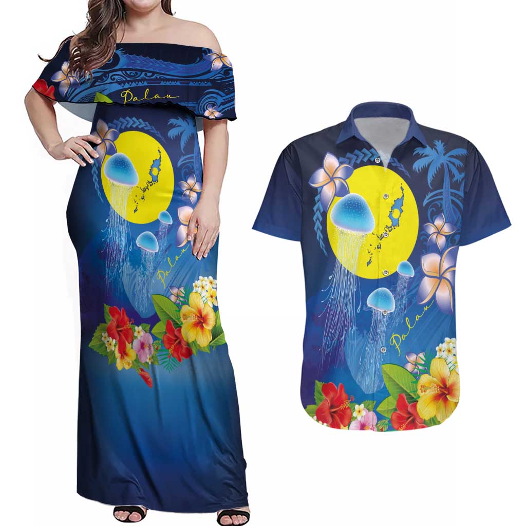 Palau Jellyfish Couples Matching Off Shoulder Maxi Dress and Hawaiian Shirt Ocean Heritage Tropical Plants LT03 Blue - Polynesian Pride