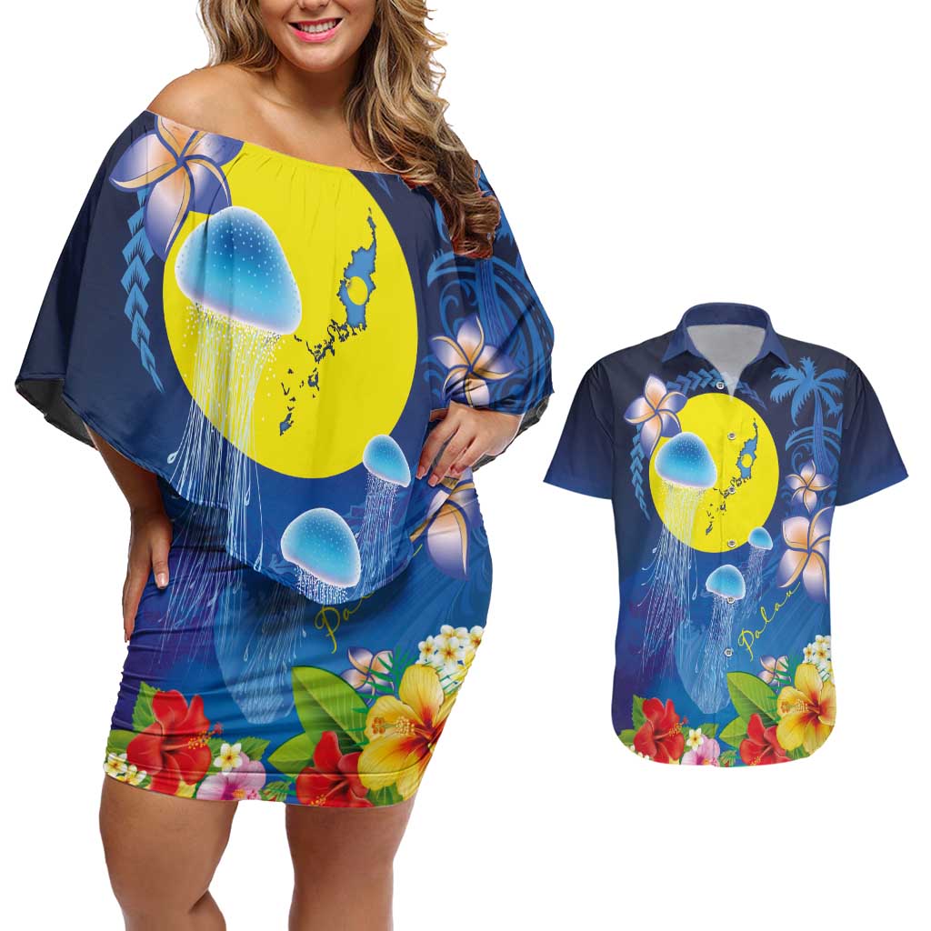 Palau Jellyfish Couples Matching Off Shoulder Short Dress and Hawaiian Shirt Ocean Heritage Tropical Plants - Polynesian Pride