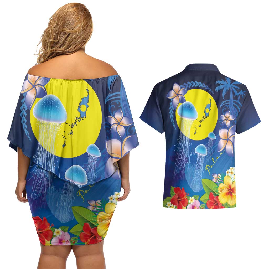 Palau Jellyfish Couples Matching Off Shoulder Short Dress and Hawaiian Shirt Ocean Heritage Tropical Plants - Polynesian Pride