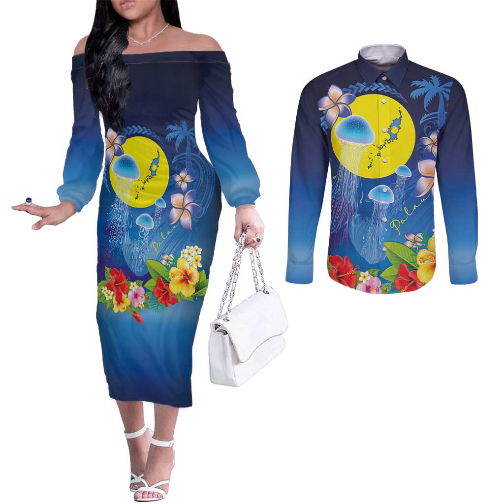 Palau Jellyfish Couples Matching Off The Shoulder Long Sleeve Dress and Long Sleeve Button Shirt Ocean Heritage Tropical Plants - Polynesian Pride