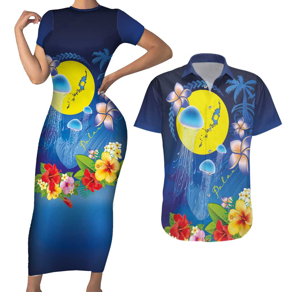 Palau Jellyfish Couples Matching Short Sleeve Bodycon Dress and Hawaiian Shirt Ocean Heritage Tropical Plants LT03 Blue - Polynesian Pride