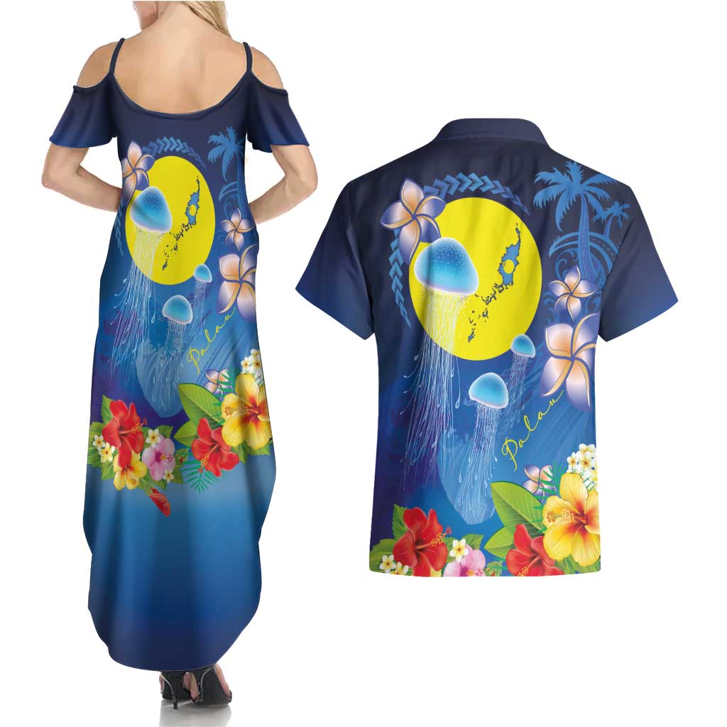 Palau Jellyfish Couples Matching Summer Maxi Dress and Hawaiian Shirt Ocean Heritage Tropical Plants - Polynesian Pride