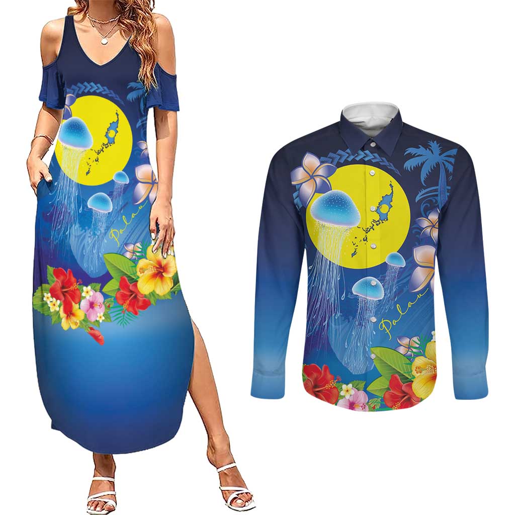 Palau Jellyfish Couples Matching Summer Maxi Dress and Long Sleeve Button Shirt Ocean Heritage Tropical Plants LT03 Blue - Polynesian Pride