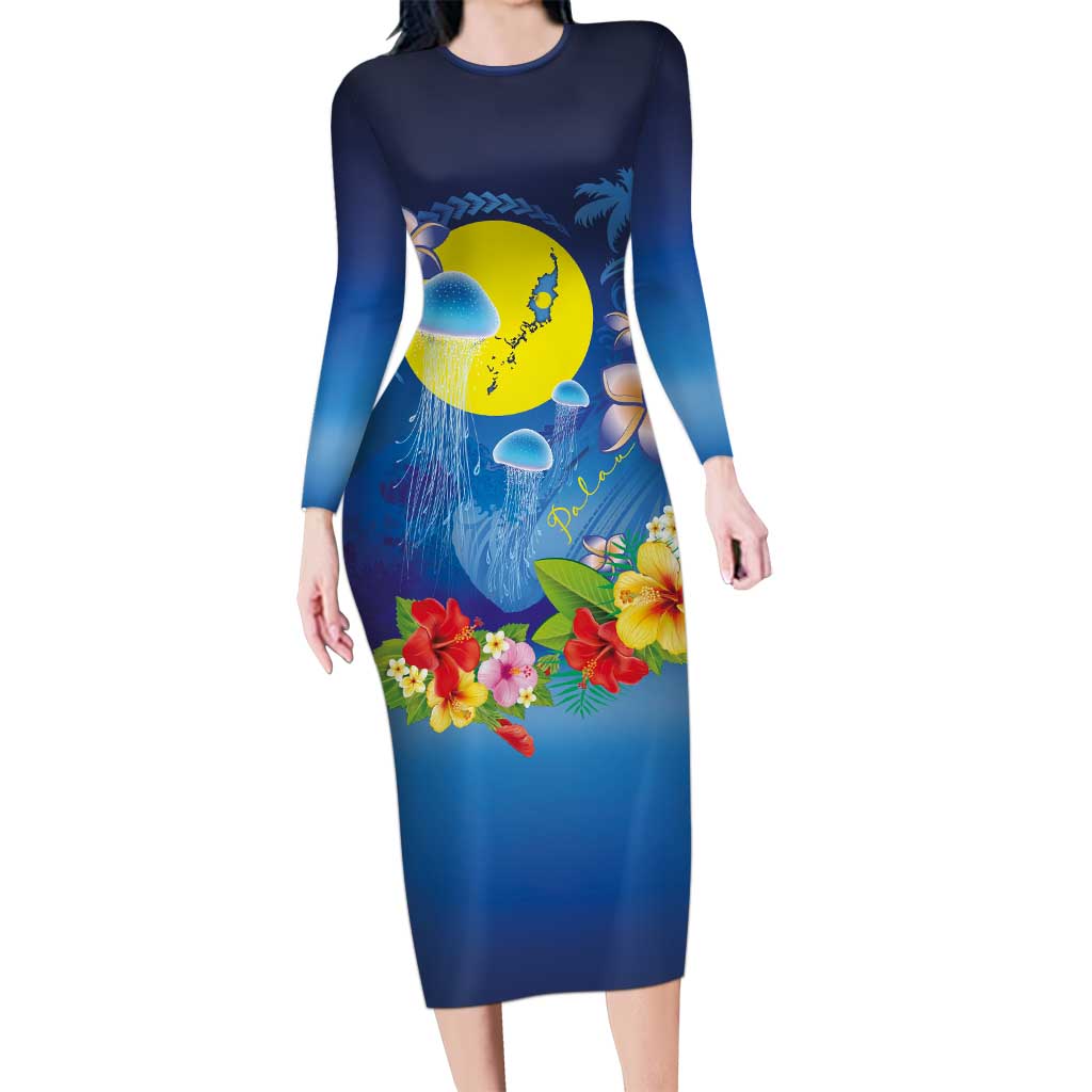 Palau Jellyfish Family Matching Long Sleeve Bodycon Dress and Hawaiian Shirt Ocean Heritage Tropical Plants - Polynesian Pride