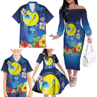 Palau Jellyfish Family Matching Off The Shoulder Long Sleeve Dress and Hawaiian Shirt Ocean Heritage Tropical Plants - Polynesian Pride