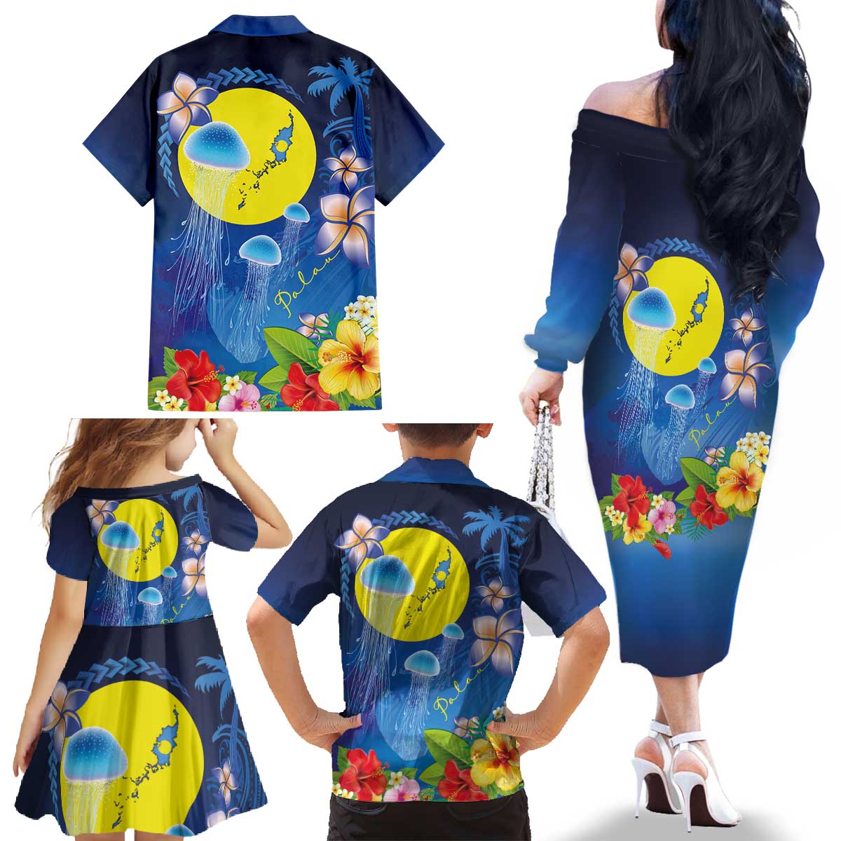 Palau Jellyfish Family Matching Off The Shoulder Long Sleeve Dress and Hawaiian Shirt Ocean Heritage Tropical Plants - Polynesian Pride