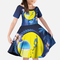 Palau Jellyfish Family Matching Off Shoulder Maxi Dress and Hawaiian Shirt Ocean Heritage Tropical Plants LT03 Daughter's Dress Blue - Polynesian Pride
