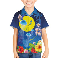 Palau Jellyfish Family Matching Off Shoulder Maxi Dress and Hawaiian Shirt Ocean Heritage Tropical Plants LT03 Son's Shirt Blue - Polynesian Pride