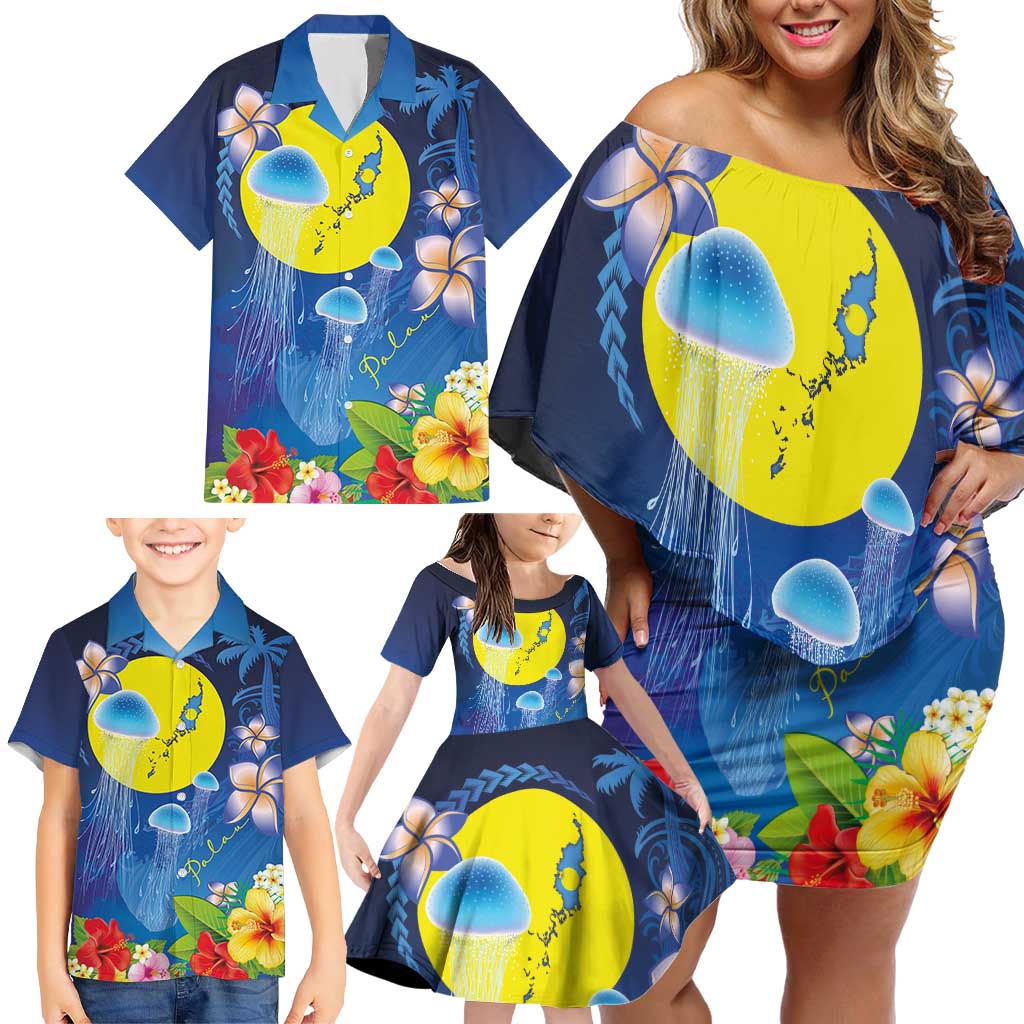 Palau Jellyfish Family Matching Off Shoulder Short Dress and Hawaiian Shirt Ocean Heritage Tropical Plants LT03 - Polynesian Pride