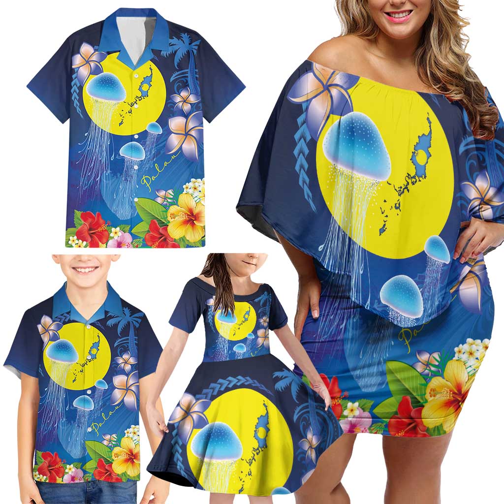 Palau Jellyfish Family Matching Off Shoulder Short Dress and Hawaiian Shirt Ocean Heritage Tropical Plants - Polynesian Pride
