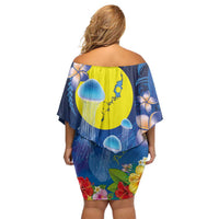 Palau Jellyfish Family Matching Off Shoulder Short Dress and Hawaiian Shirt Ocean Heritage Tropical Plants LT03 - Polynesian Pride