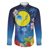 Palau Jellyfish Family Matching Summer Maxi Dress and Hawaiian Shirt Ocean Heritage Tropical Plants LT03 Dad's Shirt - Long Sleeve Blue - Polynesian Pride