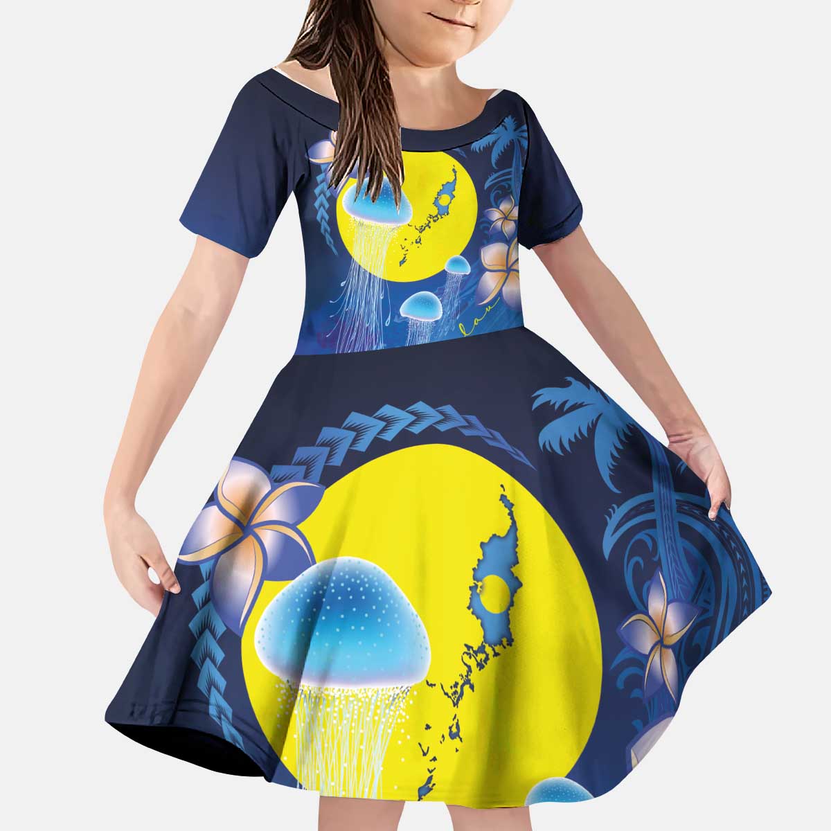 Palau Jellyfish Kid Short Sleeve Dress Ocean Heritage Tropical Plants - Polynesian Pride