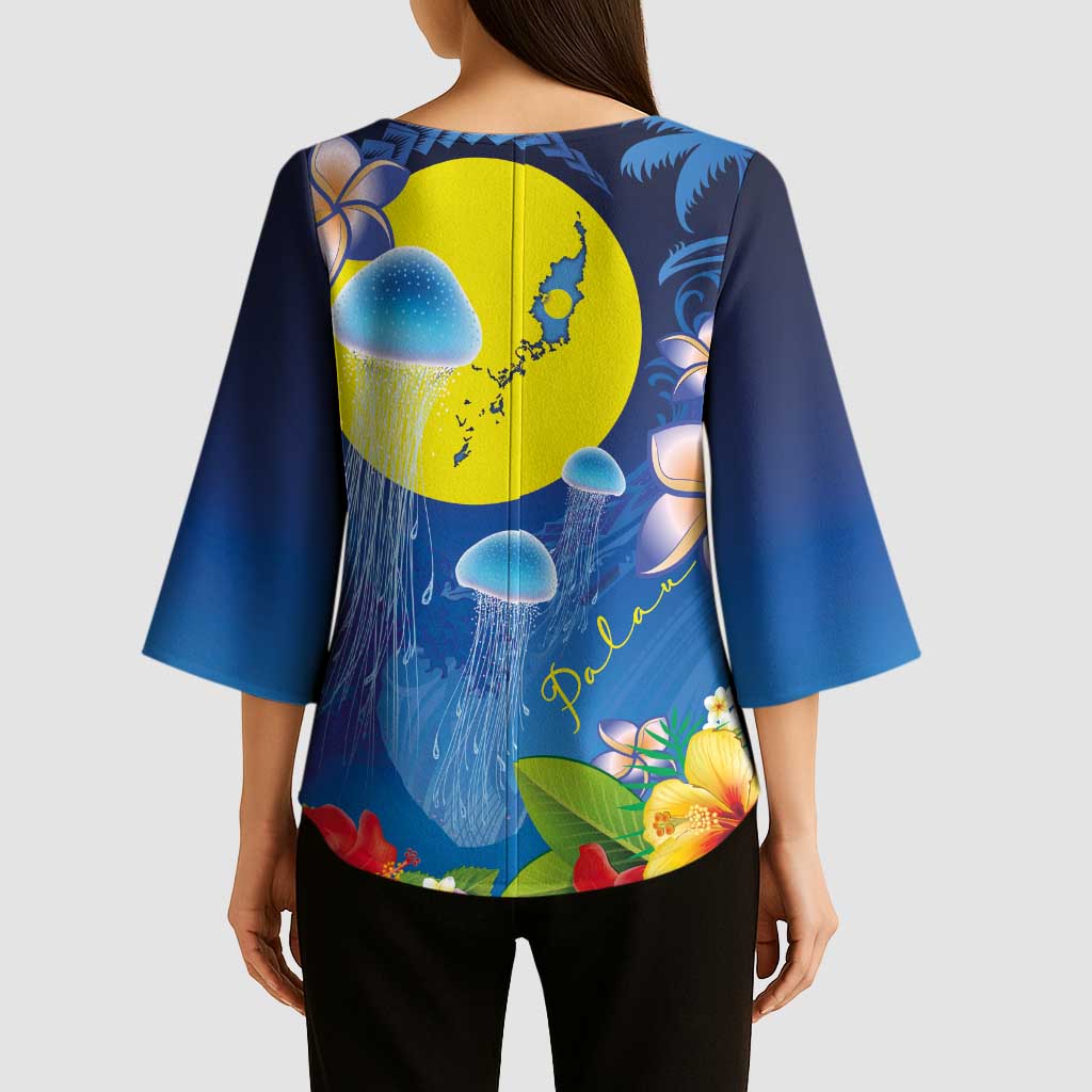 Palau Jellyfish Kimono Sleeve Blouse Ocean Heritage Tropical Plants - Polynesian Pride