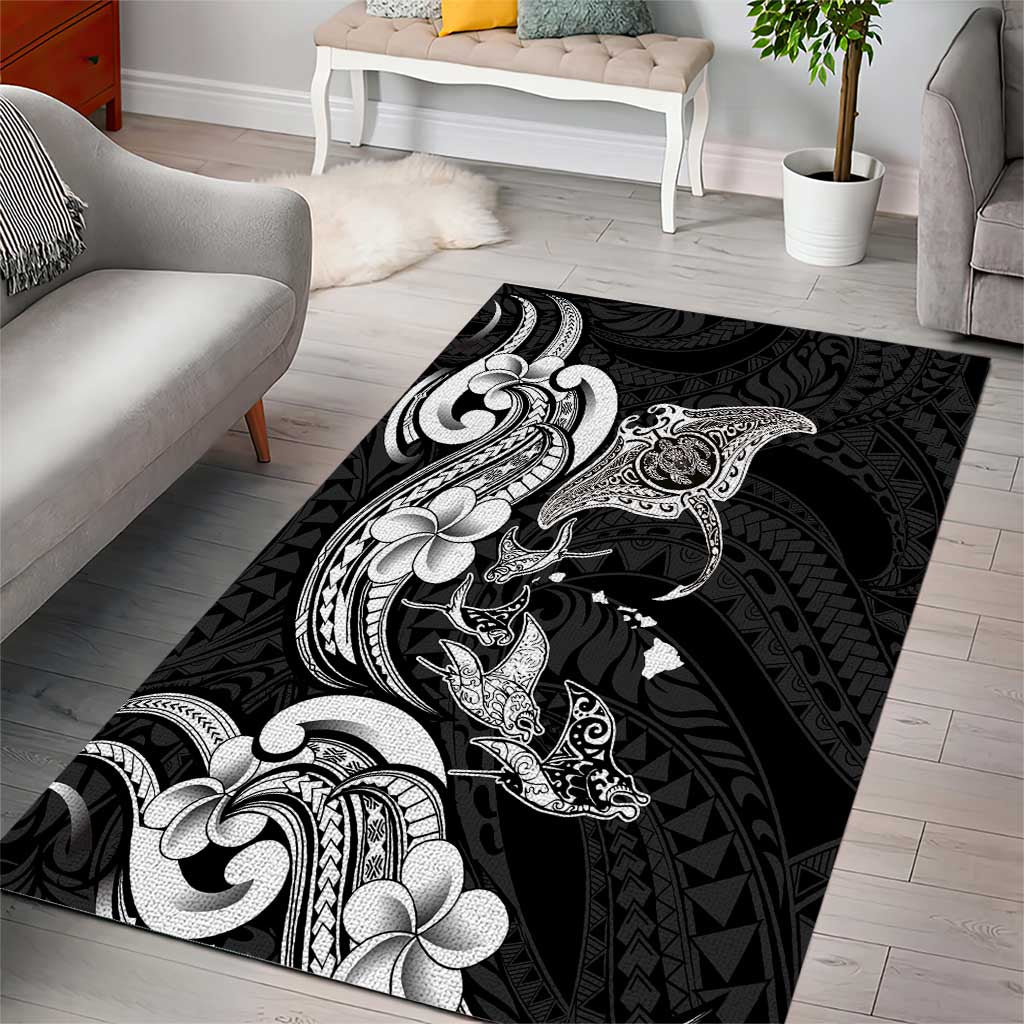 Hawaiian Manta Rays Area Rug Tribal Hibiscus Polynesian Tattoos Black Color LT03 - Polynesian Pride