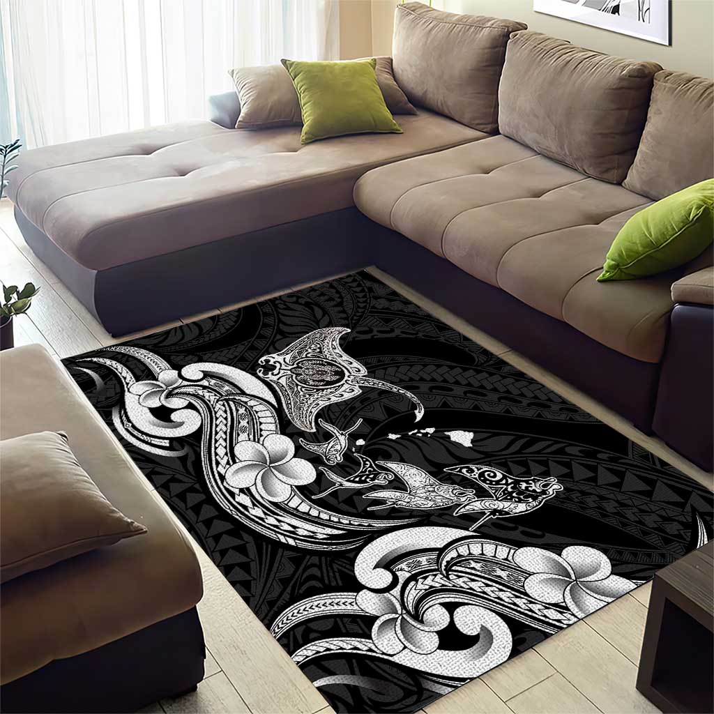 Hawaiian Manta Rays Area Rug Tribal Hibiscus Polynesian Tattoos Black Color LT03 - Polynesian Pride