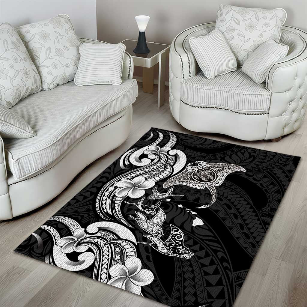 Hawaiian Manta Rays Area Rug Tribal Hibiscus Polynesian Tattoos Black Color LT03 - Polynesian Pride