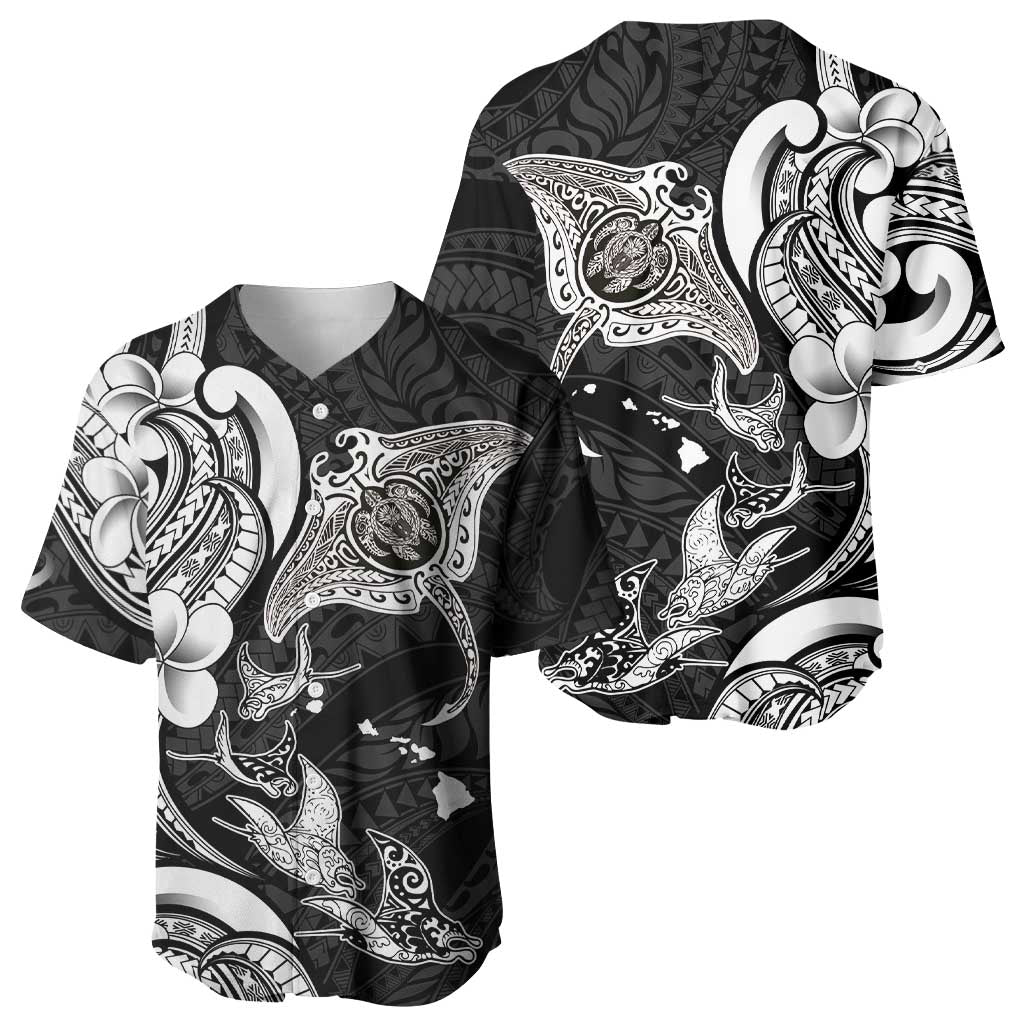 Hawaiian Manta Rays Baseball Jersey Tribal Hibiscus Polynesian Tattoos Black Color - Polynesian Pride