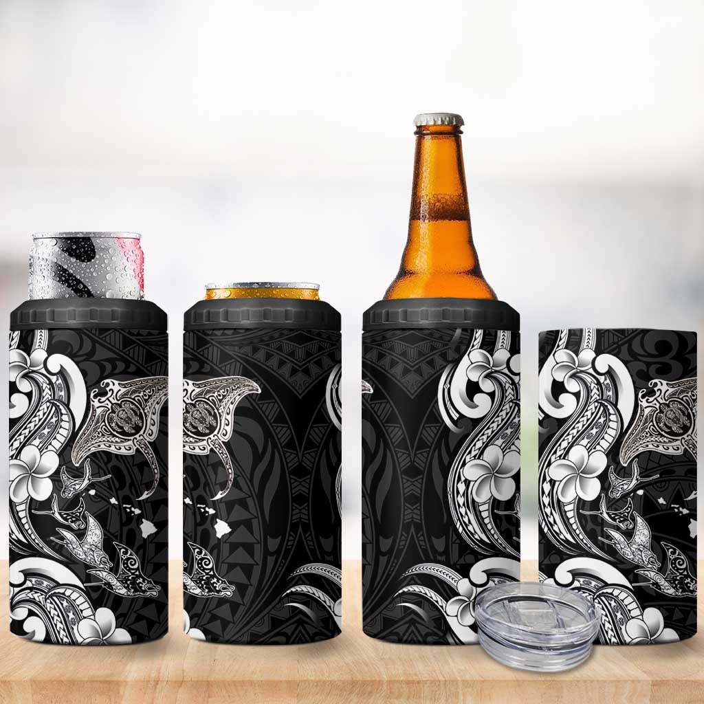 Hawaiian Manta Rays 4 in 1 Can Cooler Tumbler Tribal Hibiscus Polynesian Tattoos Black Color LT03 - Polynesian Pride