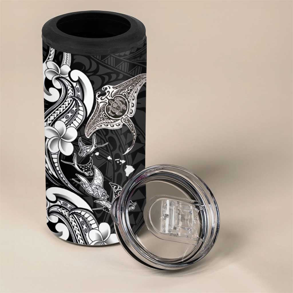Hawaiian Manta Rays 4 in 1 Can Cooler Tumbler Tribal Hibiscus Polynesian Tattoos Black Color LT03 - Polynesian Pride