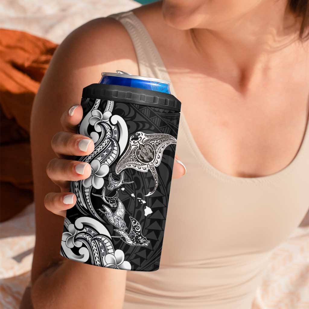 Hawaiian Manta Rays 4 in 1 Can Cooler Tumbler Tribal Hibiscus Polynesian Tattoos Black Color LT03 - Polynesian Pride