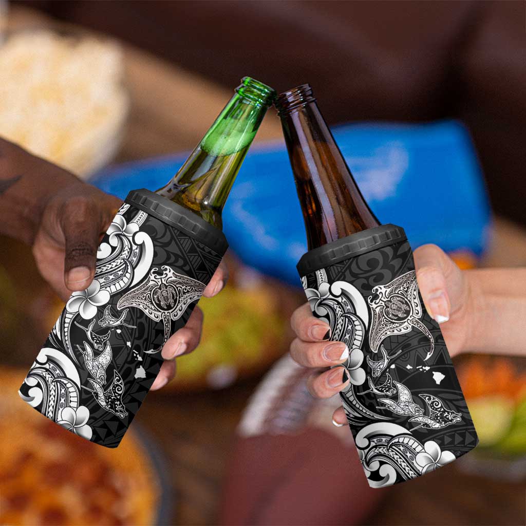 Hawaiian Manta Rays 4 in 1 Can Cooler Tumbler Tribal Hibiscus Polynesian Tattoos Black Color LT03 - Polynesian Pride