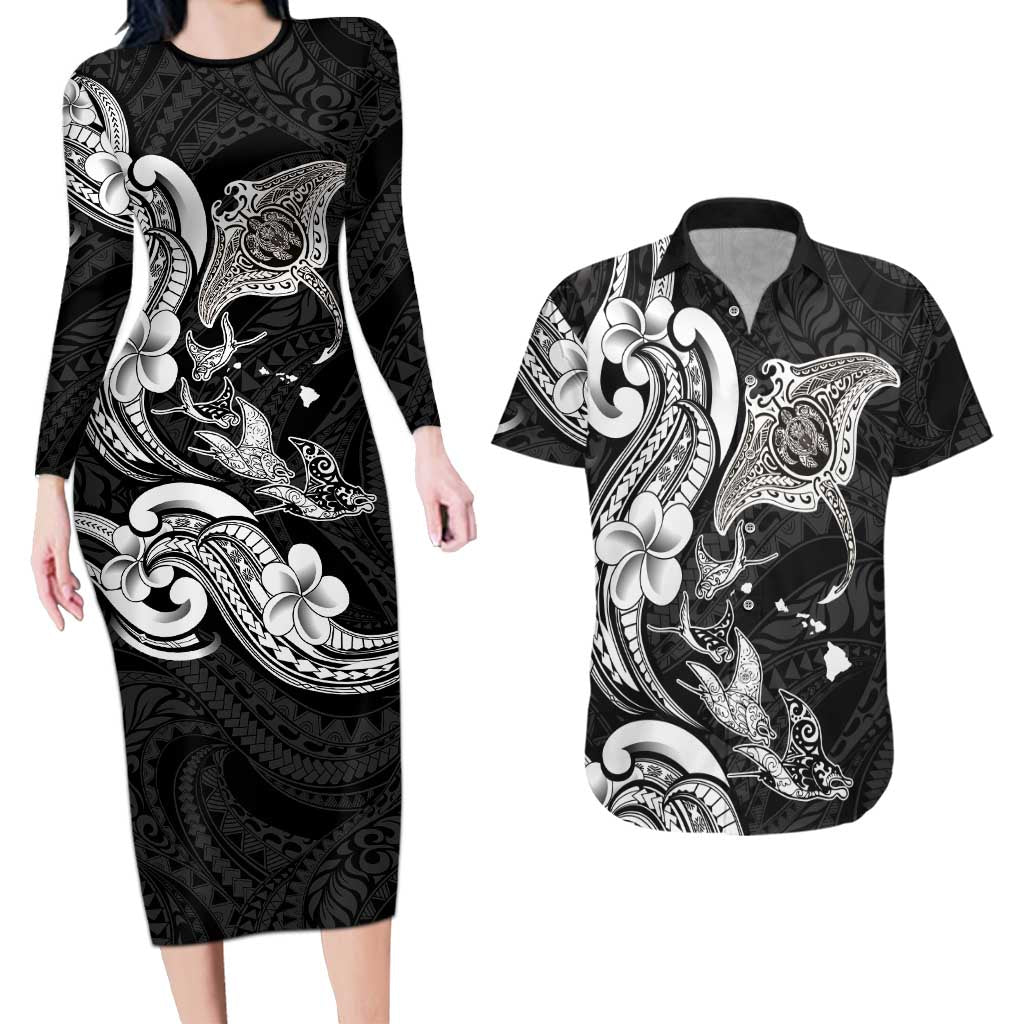 Hawaiian Manta Rays Couples Matching Long Sleeve Bodycon Dress and Hawaiian Shirt Tribal Hibiscus Polynesian Tattoos Black Color LT03 Black - Polynesian Pride