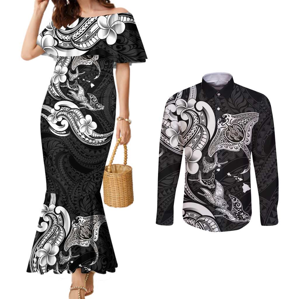 Hawaiian Manta Rays Couples Matching Mermaid Dress and Long Sleeve Button Shirt Tribal Hibiscus Polynesian Tattoos Black Color - Polynesian Pride